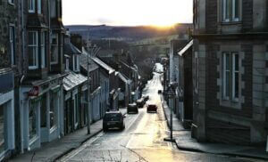 Sun setting at the foot of King Street, Crieff, scotland, on the Winterr soldtice.