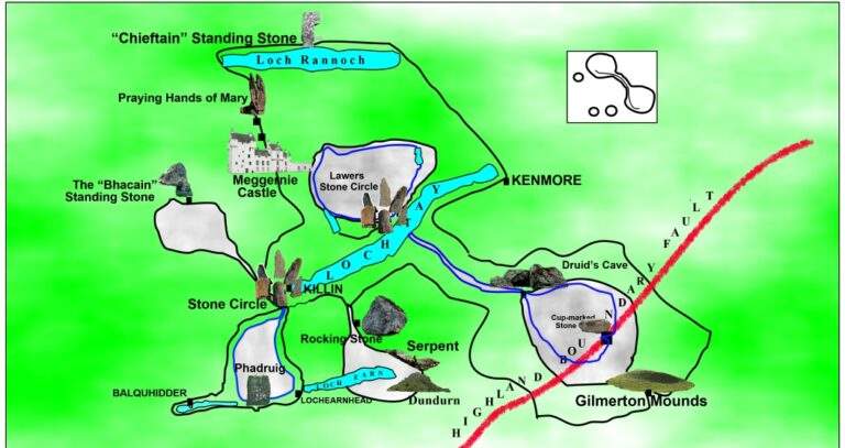 Dundurn, map of cup mark ley lines, stone circles and standing stones – Ley Lines, amplifying, ill health, how they work Map of ley lines in Perthshire