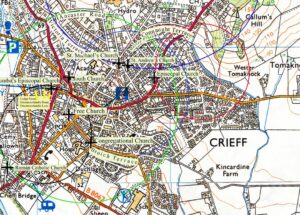 Crieff map of terraces in circles connected to other churches. – Ley Lines, amplifying, ill health, how they work Circle of churches in crieff, Perthshire