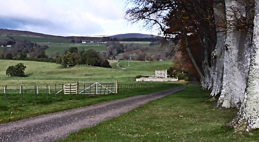 ochtertyre mausoleum and staight road for book – Ley Lines, amplifying, ill health, how they work Road to Ochtertyre mausoleum, Crieff