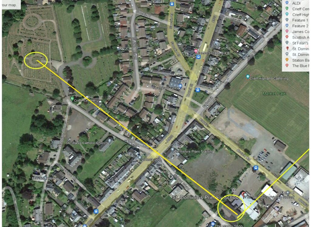 catholic school to circle of graves – Ley Lines, amplifying, ill health, how they work Catholic school aligned to circle of graves